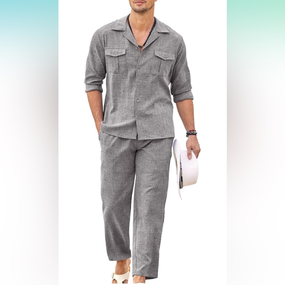 COOFANDY Men's 2 Piece Set Casual Button Down Long Sleeve Shirt & Pants!! NEW☑️